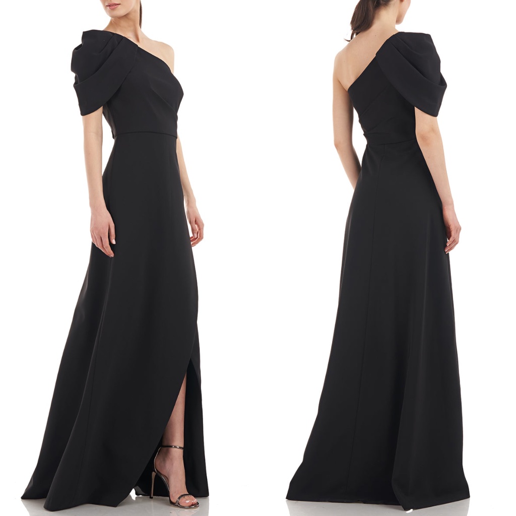New Kay Unger Black Briana Crepe Shoulder Draped Tulip Column Evening Gown 0